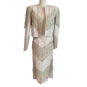 VTG. 90s Judith Ann Skirt Suit Womens S Leather Beaded Sequin Wedding Bridal